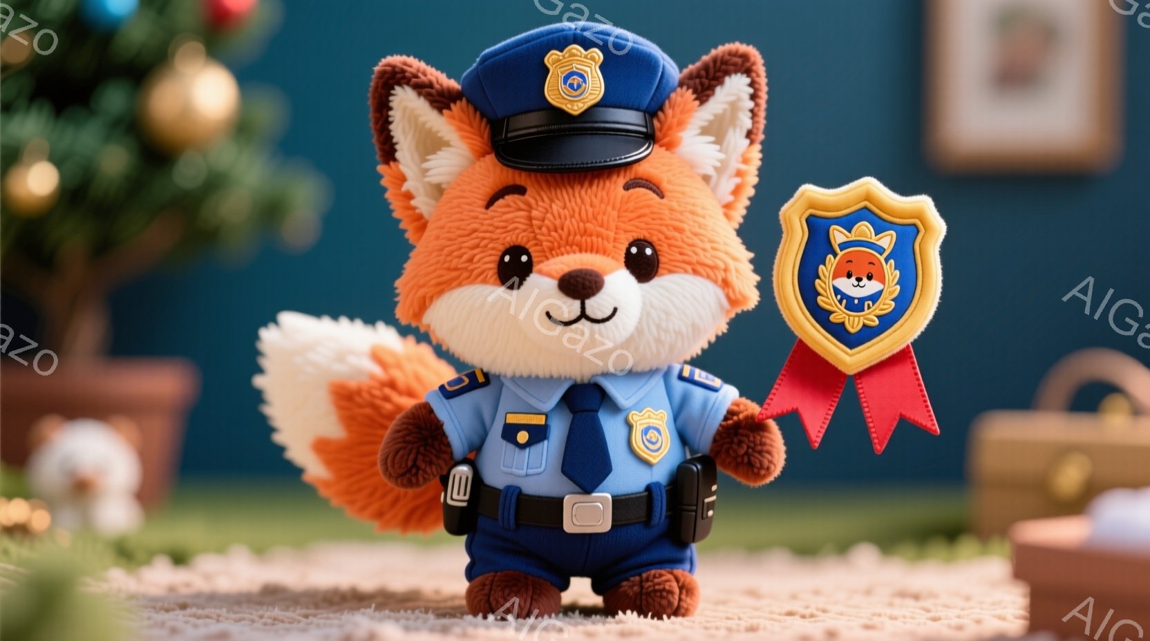 キツネのぬいぐるみは警察官の制服を着て立っており、青いシャツ、黒いネクタイ、帽子には警察のバッジが付いています。ふさふさとしたオレンジ色の毛並みと、小さな鼻と目は愛らしい表情を強調しています。背景には、クリスマスツリーや暖炉が見え、全体的に温かく、お祝いの雰囲気です。