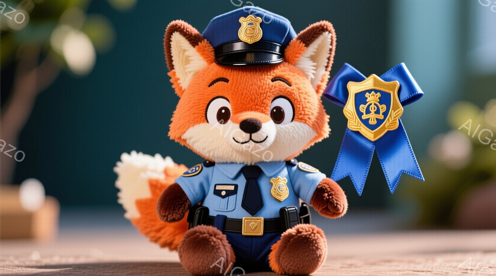 明るいオレンジ色の毛並みを持つキツネのぬいぐるみです。警察官の制服を着ており、紺色のシャツに銀色のバッジ、黒いベルト、そして帽子を被っています。背景はぼやけていますが、室内であるようで、暖かく親しみやすい雰囲気です。