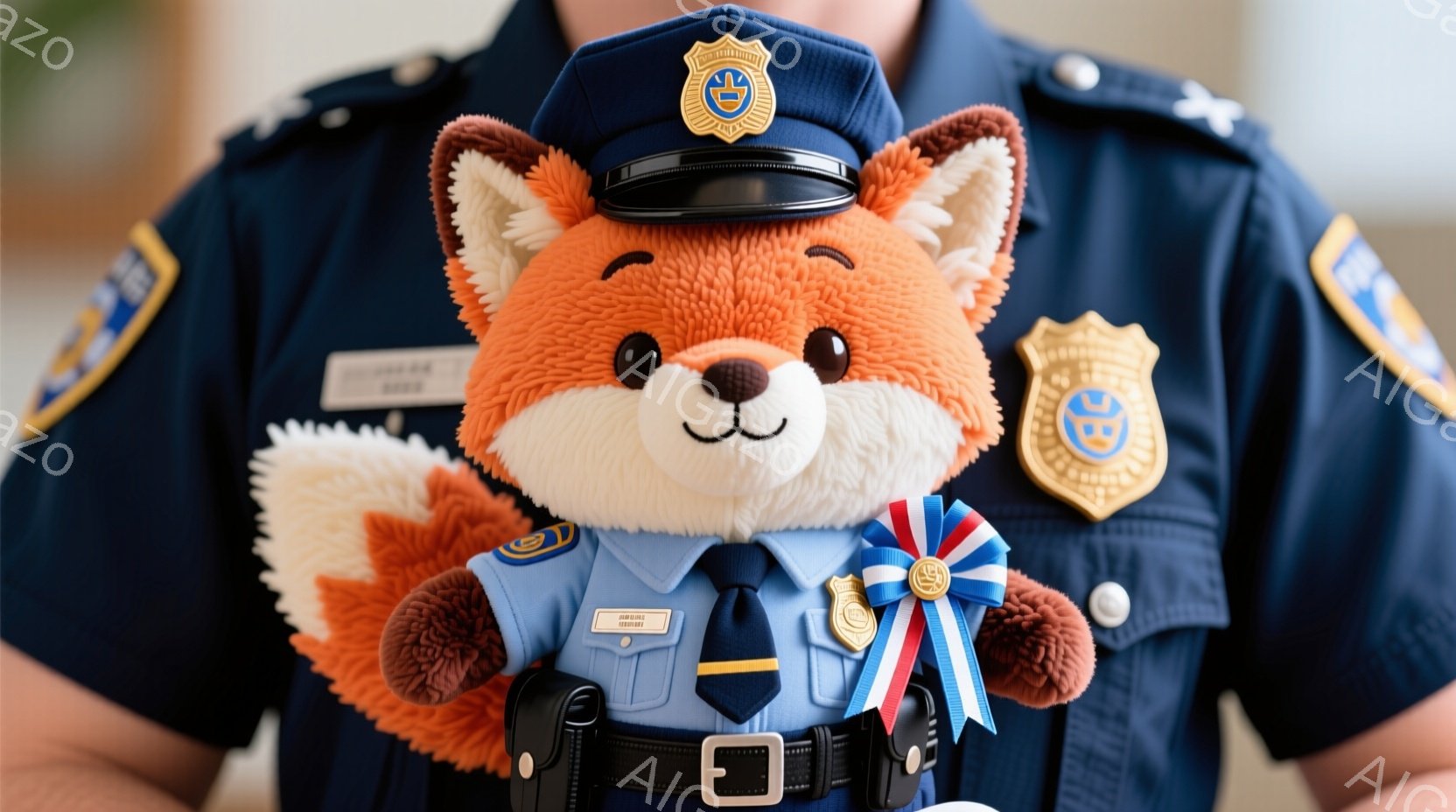 警察官の制服を着たぬいぐるみのアライグマです。制服は明るい青色で、胸には記章、肩にはワッペンが付いています。ぬいぐるみは腕を組んでおり、少し誇らしげな表情をしています。