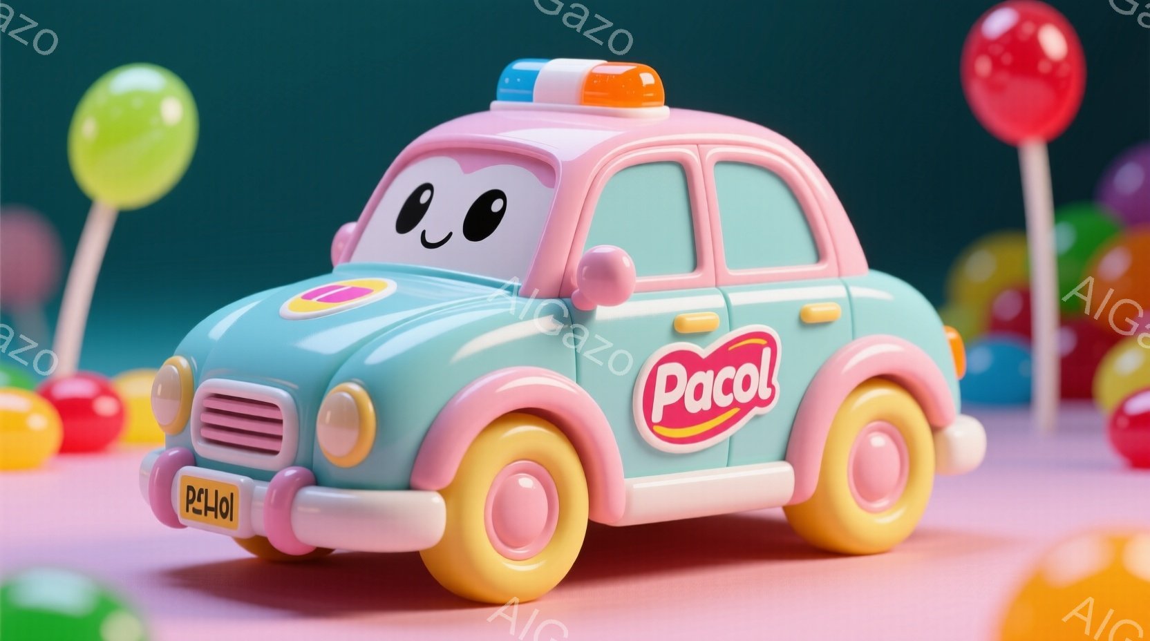 パステルブルーとピンクの可愛らしいレトロな車が特徴です。車には大きな目と笑顔が描かれており、まるで生きているかのような表情をしています。背景にはカラフルなキャンディが並び、全体的に甘くて夢幻的な雰囲気 - AI生成フリー素材