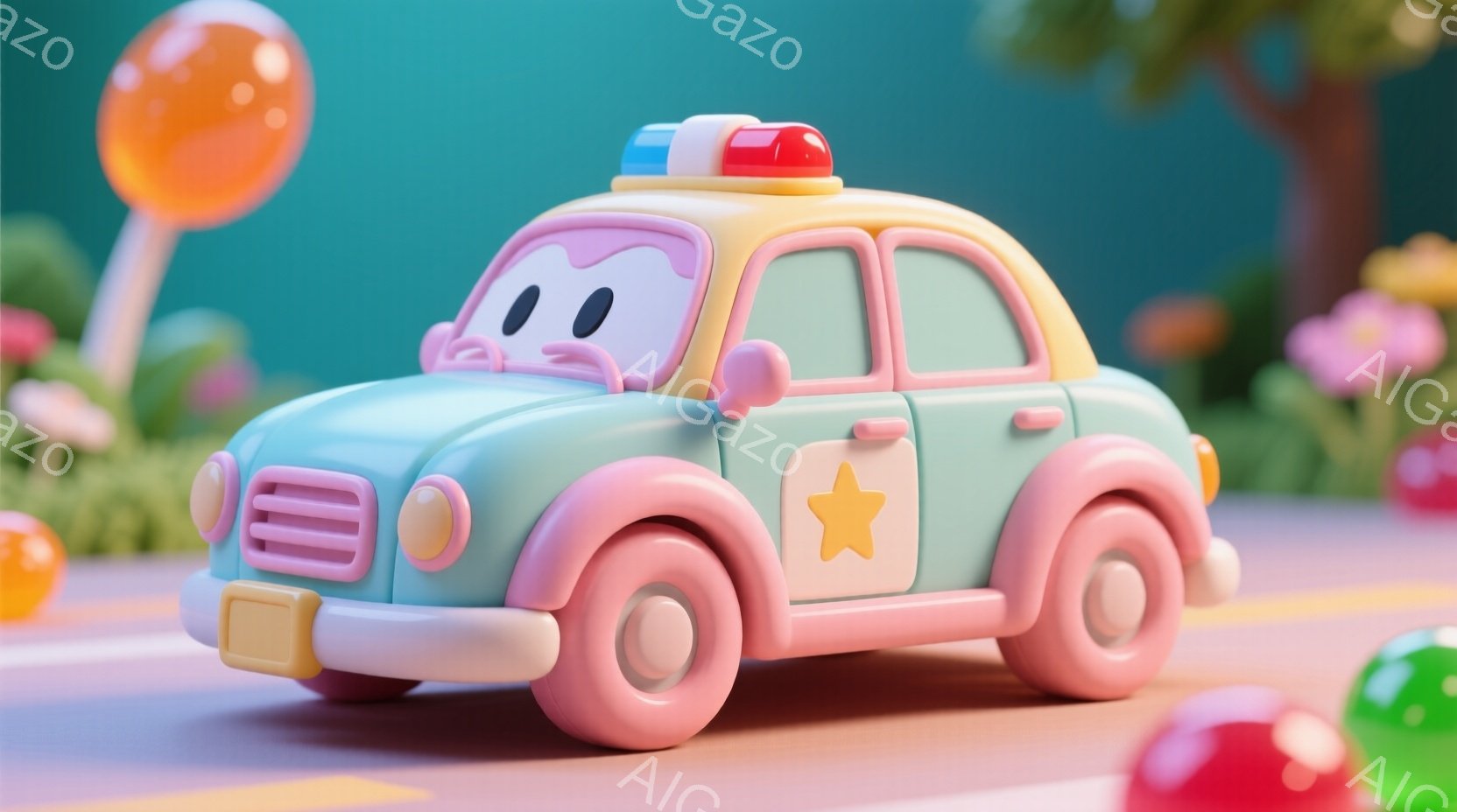 明るい水色のレトロなパトカーが、ピンク色のタイヤとバンパーで可愛らしく装飾されています。車両には笑顔の顔が描かれており、その上に赤いサイレンライトが設置されています。背景にはカラフルなキャンディや花が咲き乱れ、陽気で遊び心溢れる雰囲気を醸し出しています。