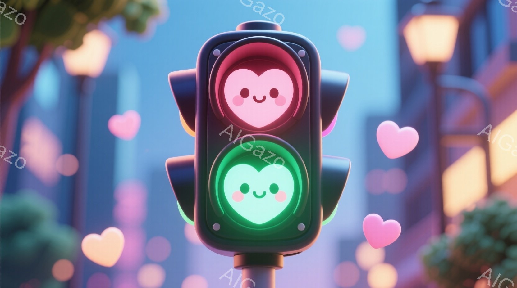 信号機が可愛らしい表情で描かれており、赤い信号と緑の信号がそれぞれ笑顔の顔になっています。背景にはぼやけた都市の風景が広がり、ピンクと紫の優しい光が漂い、周りにはハート型の光が舞っています。全体的にロ - AI生成フリー素材
