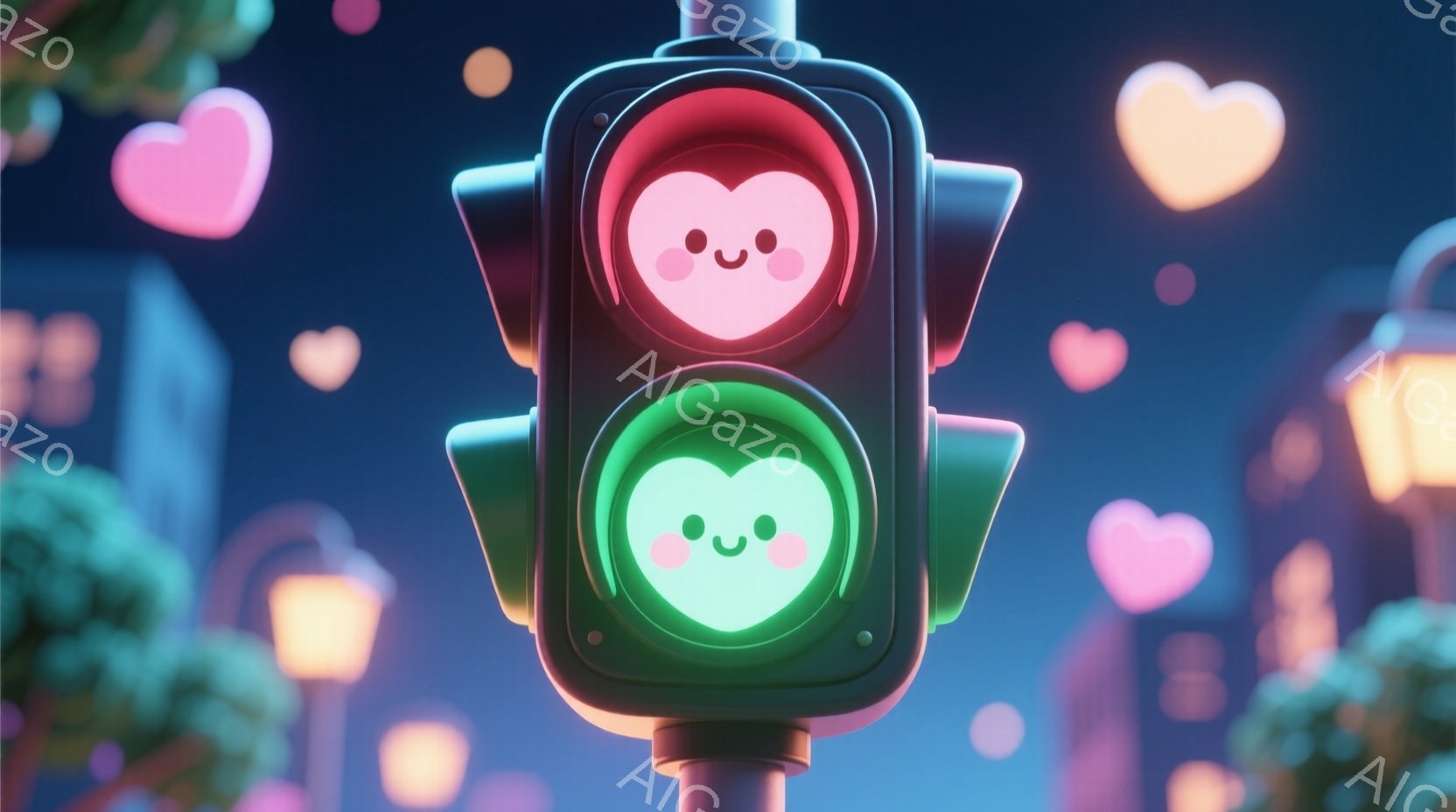 信号機が可愛らしい顔で表現されており、上部は赤色、下部は緑色で、それぞれ笑顔の表情が描かれています。背景には、ぼんやりとした街並みと、空中に浮かぶピンク色のハートが散りばめられており、幻想的な雰囲気を醸し出しています。全体的に柔らかい色彩と可愛らしいデザインが、温かくロマンチックな印象を与えます。