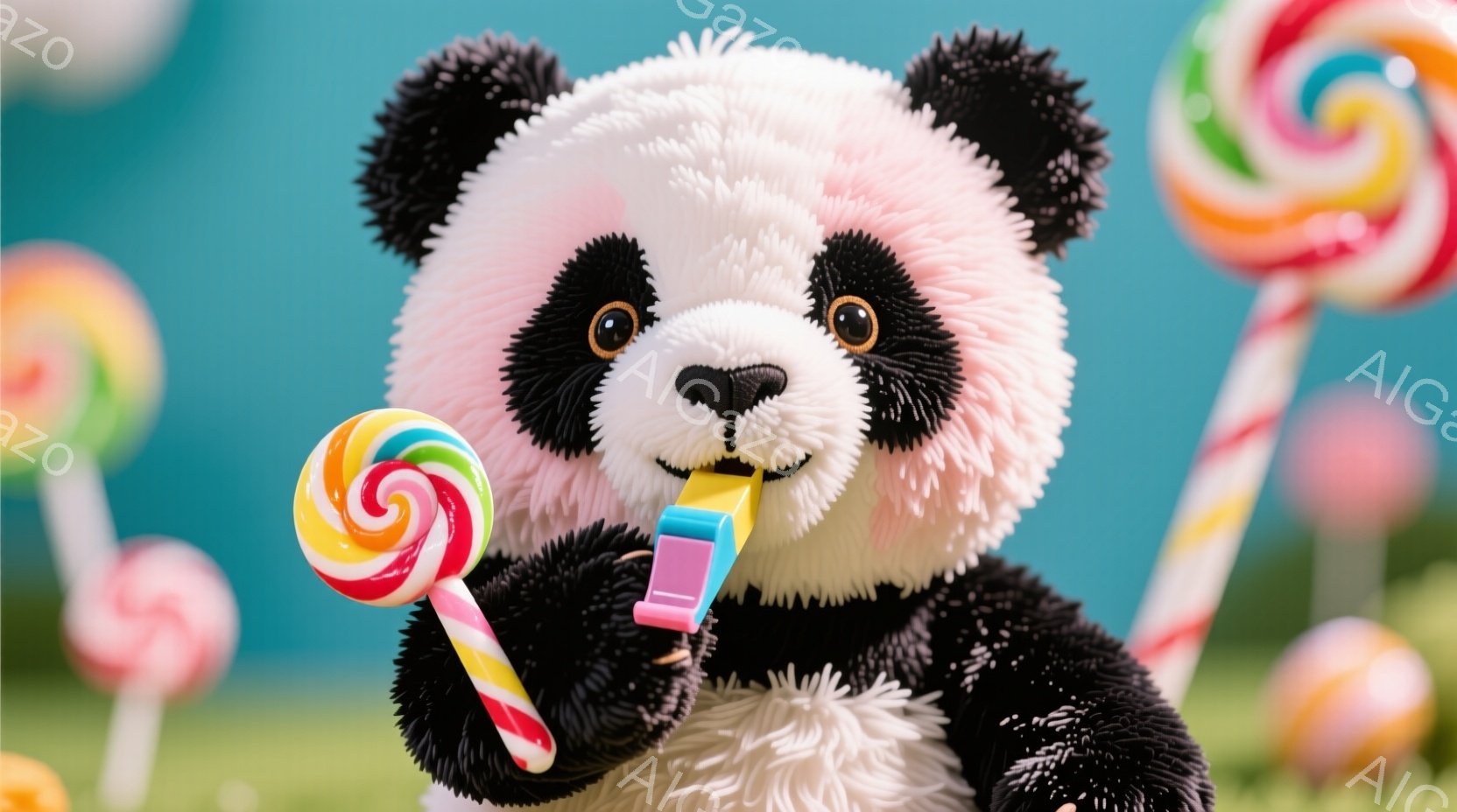 ふわふわのパンダのぬいぐるみは、片手にカラフルなキャンディを持ち、もう片手でピンク色の笛を口に当てています。背景には、さまざまな色や模様のキャンディが多数立っており、明るく楽しい雰囲気を醸し出していま - AI生成フリー素材