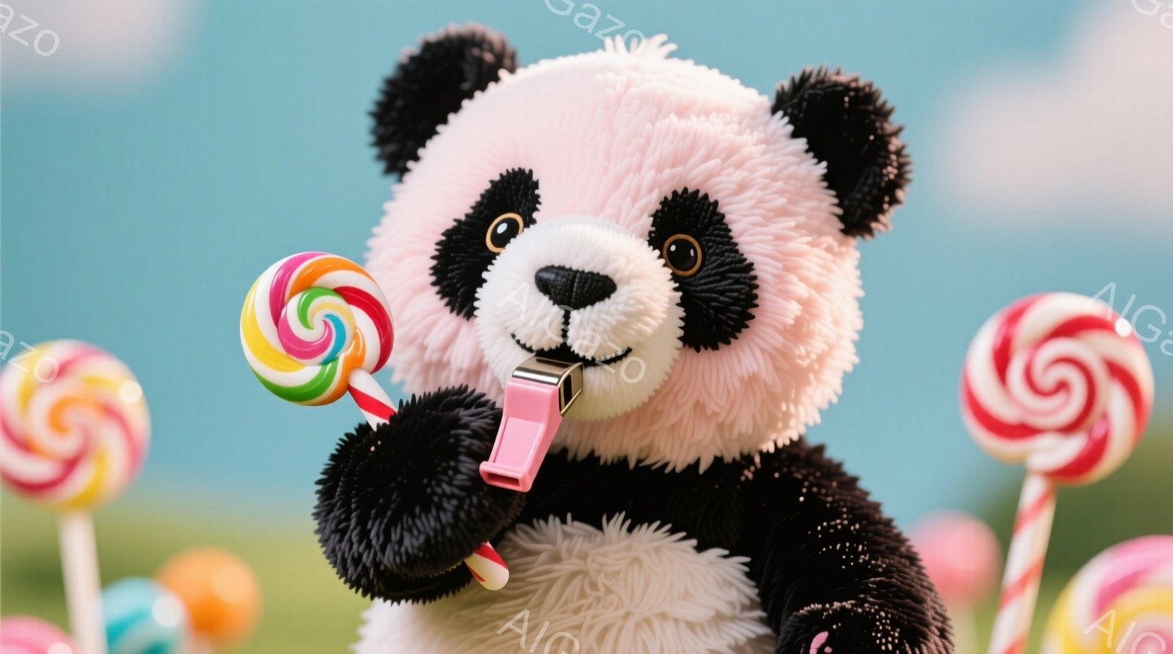 ふわふわのパンダのぬいぐるみは、ピンク色のホイッスルを口にくわえ、楽しそうにこちらを見ている。周りにはカラフルな棒付きキャンディが立ち並び、緑の草の上に咲いているように見える。全体的に明るく、遊び心の - AI生成フリー素材