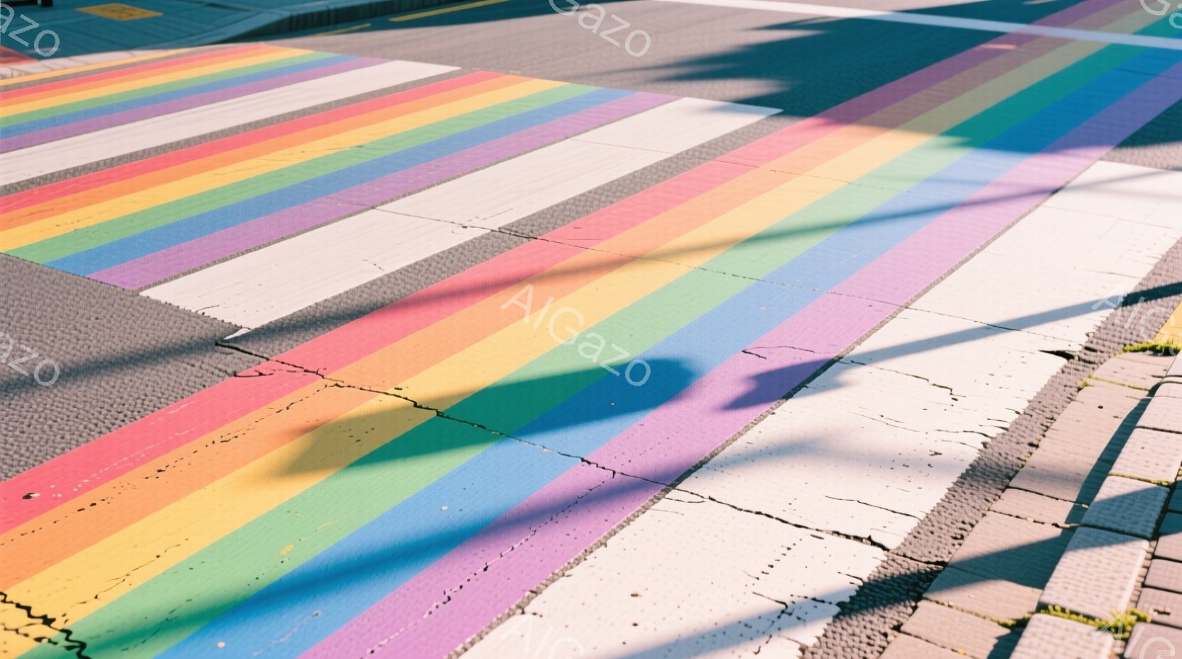 カラフルな虹色の横断歩道がアスファルト上に描かれており、路面にはひび割れが見られます。背景はグレーのタイルで舗装された歩道で、光の当たり具合から晴れた日の様子が伺えます。全体的に明るく、鮮やかな色彩が印象的な、遊び心のある雰囲気です。