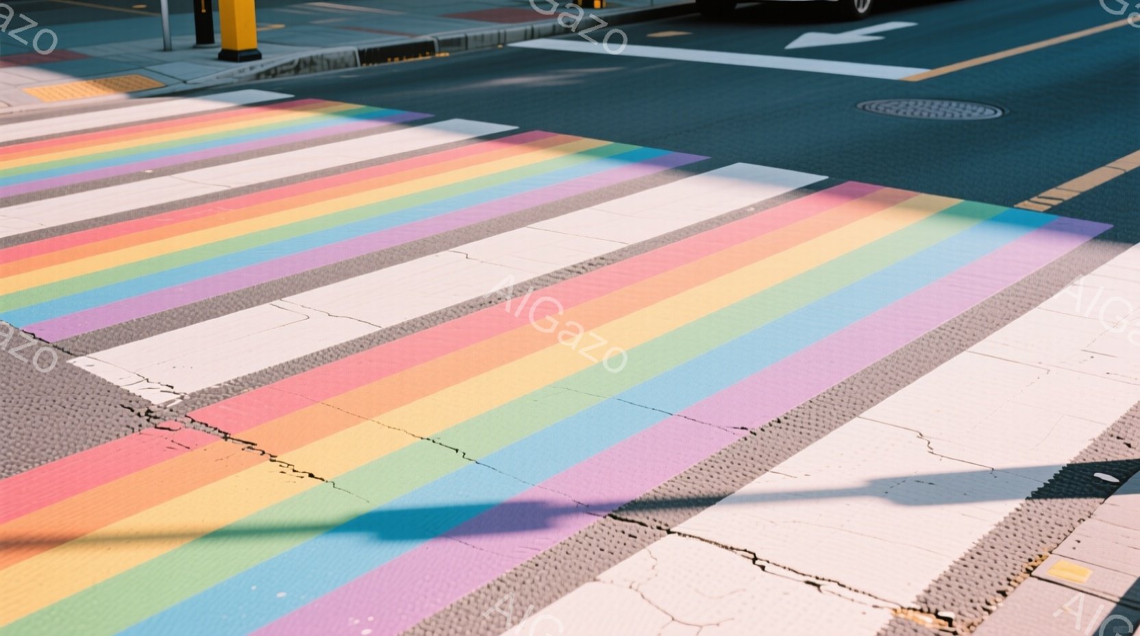 歩道に虹色の横断歩道が描かれており、白、ピンク、オレンジ、黄色、緑、青、紫のストライプが交互に並んでいる。アスファルトはひび割れや損傷が見られるが、カラフルなストライプが活気を添えている。背景には道路とわずかに見える車両があり、晴天の下、鮮やかな色彩が道路に広がっている。