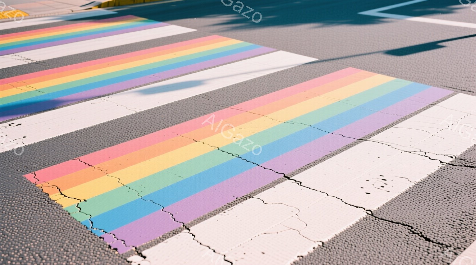 舗装された道路に、虹色の横断歩道が描かれています。アスファルトはひび割れが見られ、使用感がありますが、鮮やかな色彩が印象的です。影が道路上に伸び、晴れた日の様子が伺えます。
