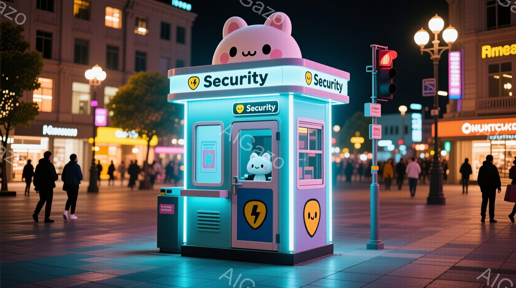 夜の街並みに、カラフルなセキュリティボックスが設置されています。ボックスには可愛らしいキャラクターと稲妻マークが描かれており、周囲の建物や歩行者と対照的な印象を与えます。人々は冬の装いで歩いており、活気がありながらも静かな夜の雰囲気が漂っています。