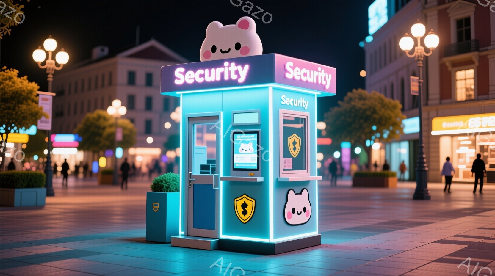 夜の街並みに、可愛らしい猫のイラストが描かれたセキュリティボックスが置かれています。ボックスはネオンライトで照らされ、周辺の建物や木々がぼんやりと光を反射しています。背景には人々が歩いており、賑やかな都市の夜の雰囲気が伝わってきます。