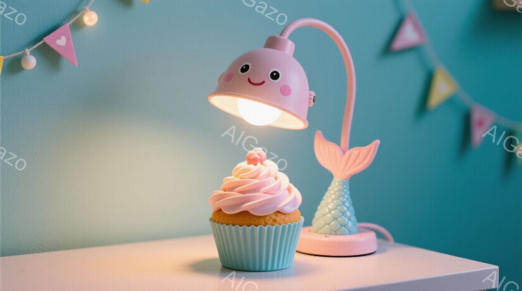 淡いピンク色のテーブルの上に、クリーム色のアイシングを乗せたカップケーキと、人魚の尾びれをモチーフにしたピンク色のランプが置かれています。ランプのシェードは愛らしい表情をしており、優しい光を放っていま - AI生成フリー素材