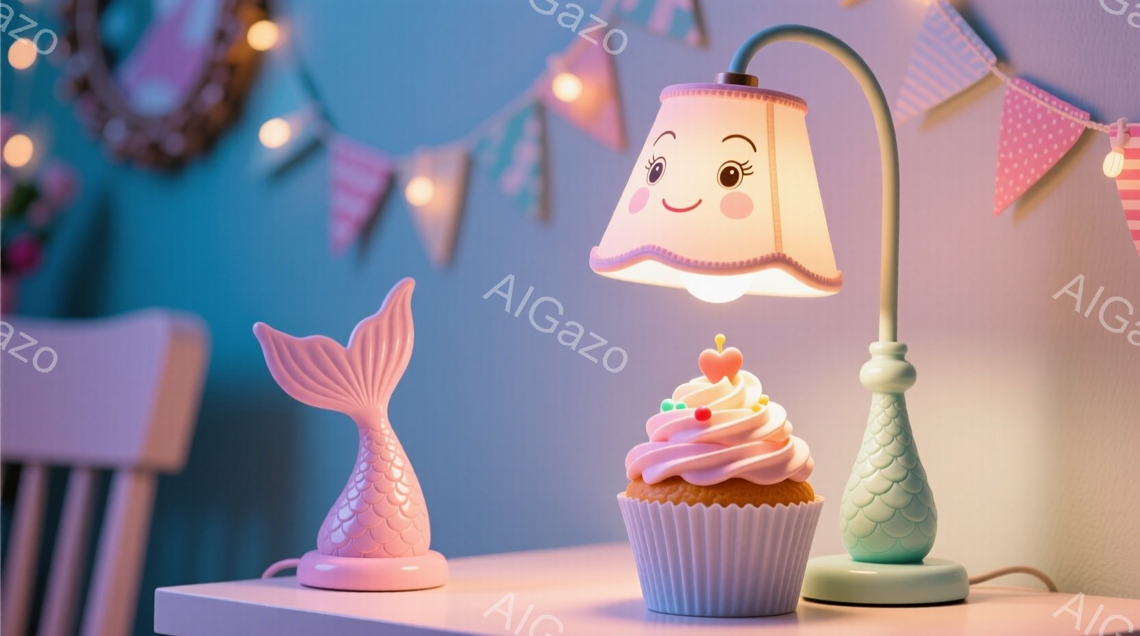 淡いピンクと水色の背景に、可愛らしい装飾が施されたテーブルが映っています。テーブルの上には、人魚の尾びれの形をしたランプと、クリームとイチゴが飾られたカップケーキが置かれており、背景にはピンクと白のガ - AI生成フリー素材