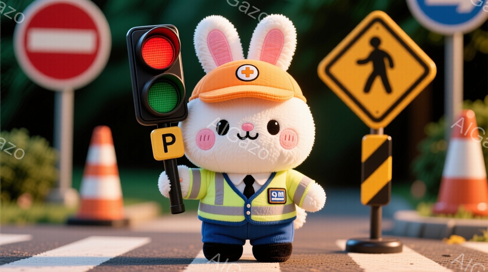 白くてふわふわのウサギが、工事現場の作業員のような服装で立っています。オレンジ色のヘルメットに反射ベスト、そして紺色の作業着姿で、片手に「P」の文字が書かれた信号機を持っています。背景には横断歩道、交通標識、オレンジ色のコーンが並び、明るく陽気な雰囲気です。