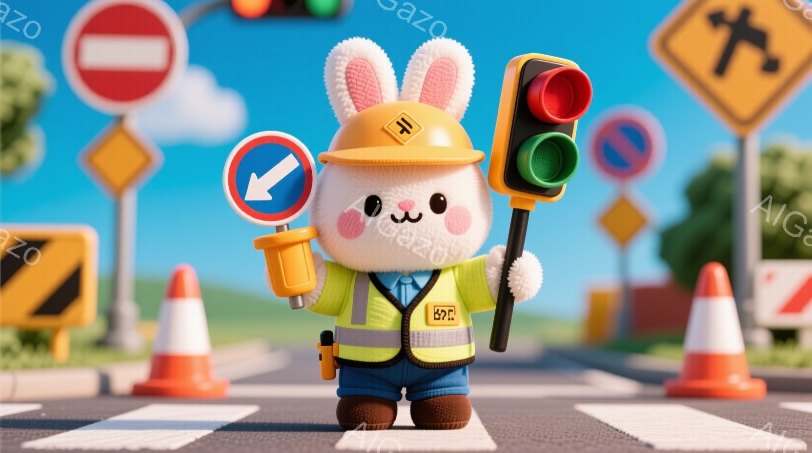 白いウサギが工事現場の作業員として描かれており、黄色いベストと濃い青のズボン、そして工事用のヘルメットを着用しています。ウサギはゼブラ crossingの上で立ち、片手に信号機を持ち、真剣な表情で交通整理を行っているように見えます。背景には交通標識やコーンが配置され、晴天の下、明るく活気のある雰囲気が漂っています。