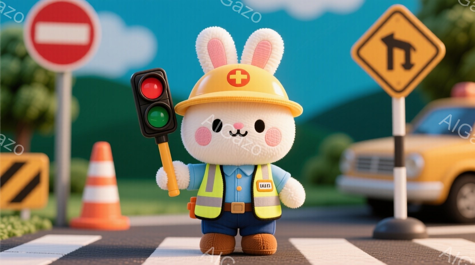 白くてふわふわしたウサギが、工事現場の服装で道路に立っています。黄色い安全ベスト、青いズボン、そして頭にはオレンジ色のヘルメットをかぶり、片手に信号機を持っています。背景には横断歩道、交通標識、そして緑の丘が見え、全体的に明るく可愛らしい雰囲気です。