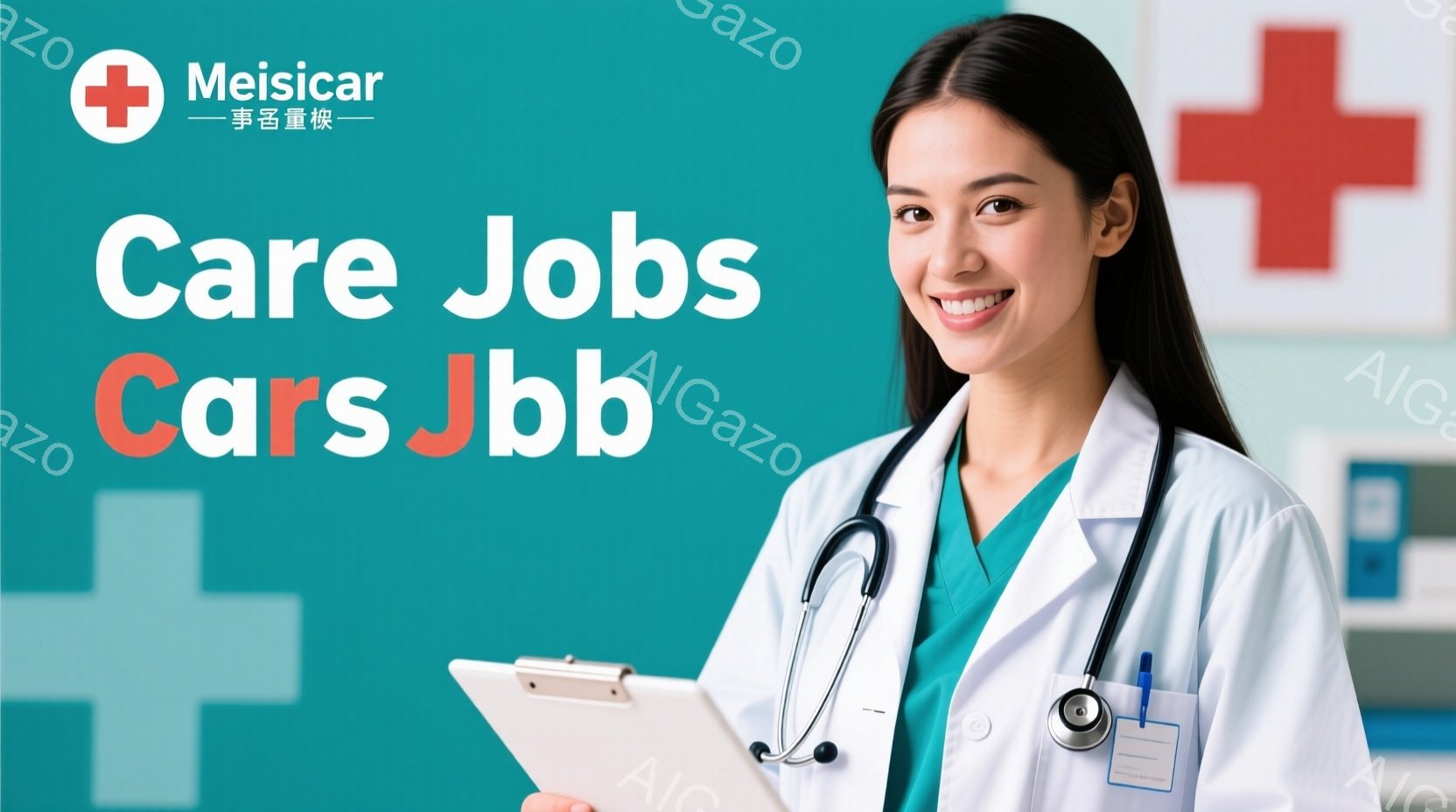 白衣を着た若い女性医師が、微笑みながらタブレット端末を見ています。彼女はストレートの黒髪で、首には聴診器をかけており、胸元にはIDカードがついています。背景には、薄い水色の十字マークや医療機器がぼんや - AI生成フリー素材