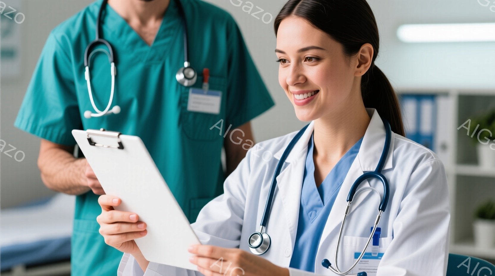 白衣を着た女性医師がクリップボードを見下ろし、微笑んでいます。彼女はストレートの黒髪で、首には聴診器をかけており、明るいブルーのスクラブシャツを着ています。背景には、ターコイズ色の手術着を着た人物と、 - AI生成フリー素材