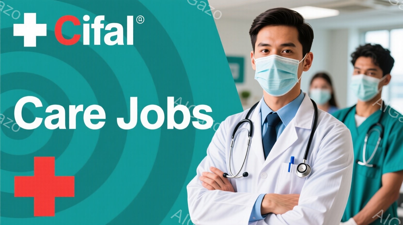 白衣を着た男性医師が正面を向いて立っており、首に聴診器をかけている。彼は青いネクタイとマスクを着用し、腕組みをして自信に満ちた表情をしている。背景には、同様にマスクをした医療従事者がおり、背景全体は渦巻く緑色のグラデーションで覆われている。