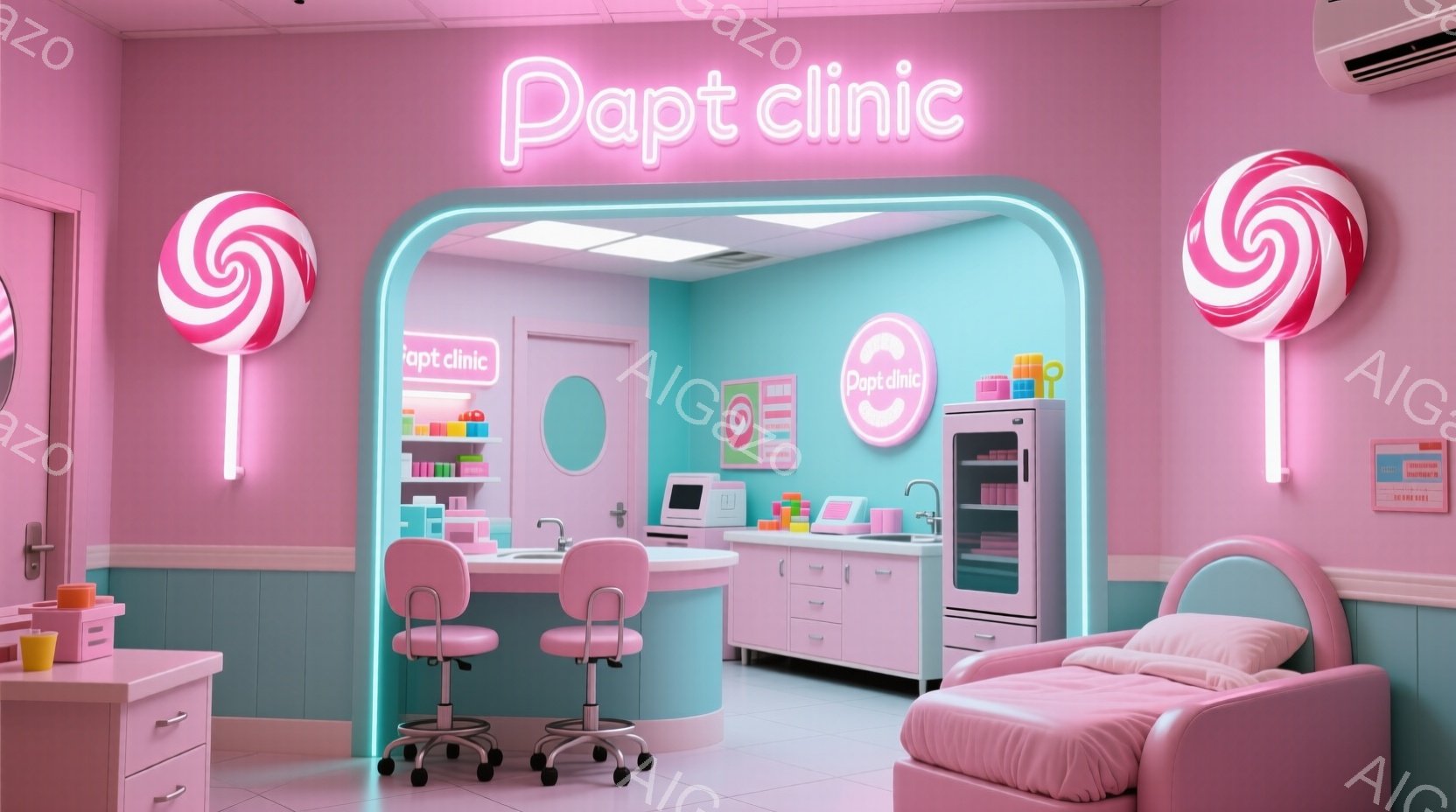 鮮やかなピンクと水色の内装が印象的な診療室です。ピンクのデスク、椅子、ベッドが配置され、壁にはカラフルな薬瓶が並んでいます。全体的に明るく、子供向けの親しみやすい雰囲気で、診療室の入り口には「Dapt clinic」というネオンサインが飾られています。