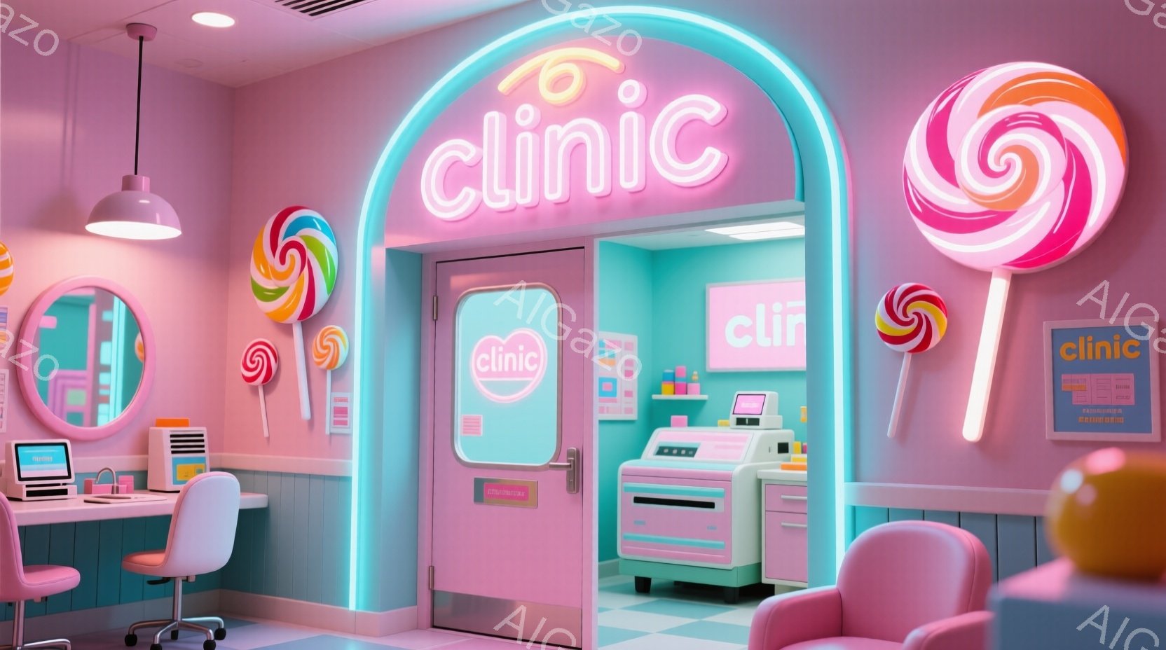 ピンクと水色のカラフルな診療所内部の様子を描いています。受付カウンターや診察台、パソコンなどが配置され、壁にはキャンディのイラストが飾られています。全体的に明るく、夢のような雰囲気で、まるで子供向けの遊園地のような空間です。