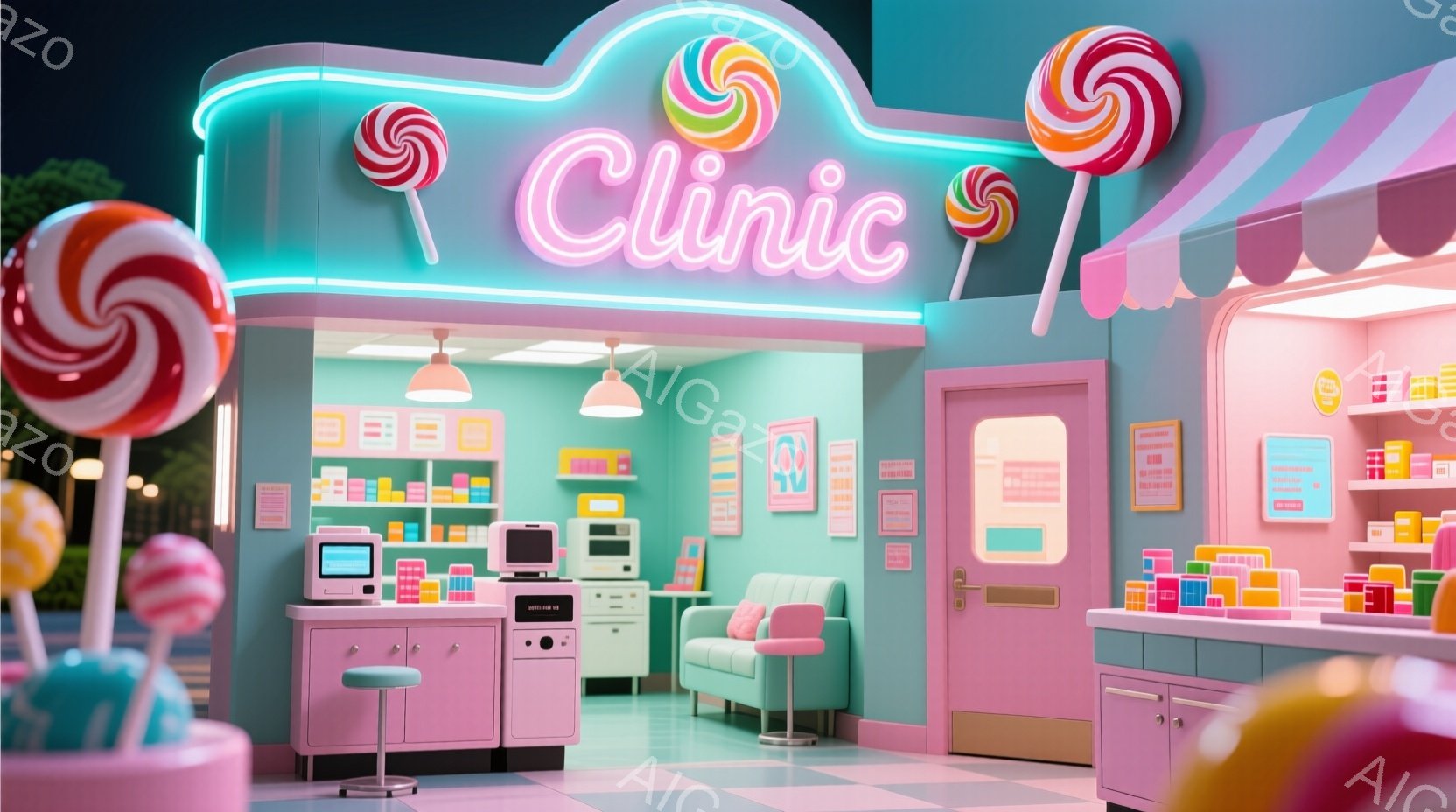 明るいピンクと水色のカラフルな診療所内。レトロな雰囲気の受付カウンターにはパソコンや薬が並び、キャンディのオブジェが装飾されている。壁にはポスターが貼られ、全体的に甘くて可愛らしい雰囲気が漂っている。