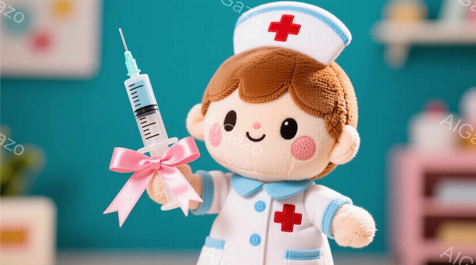 ぬいぐるみは看護師の格好をしており、白い制服に青い襟元と赤い十字のマークがついています。金髪の髪は看護師帽の下で少し覗き、可愛らしい表情で注射器とピンクのリボンを握っています。背景はパステルカラーの壁と家具で、全体的に柔らかく優しい雰囲気です。
