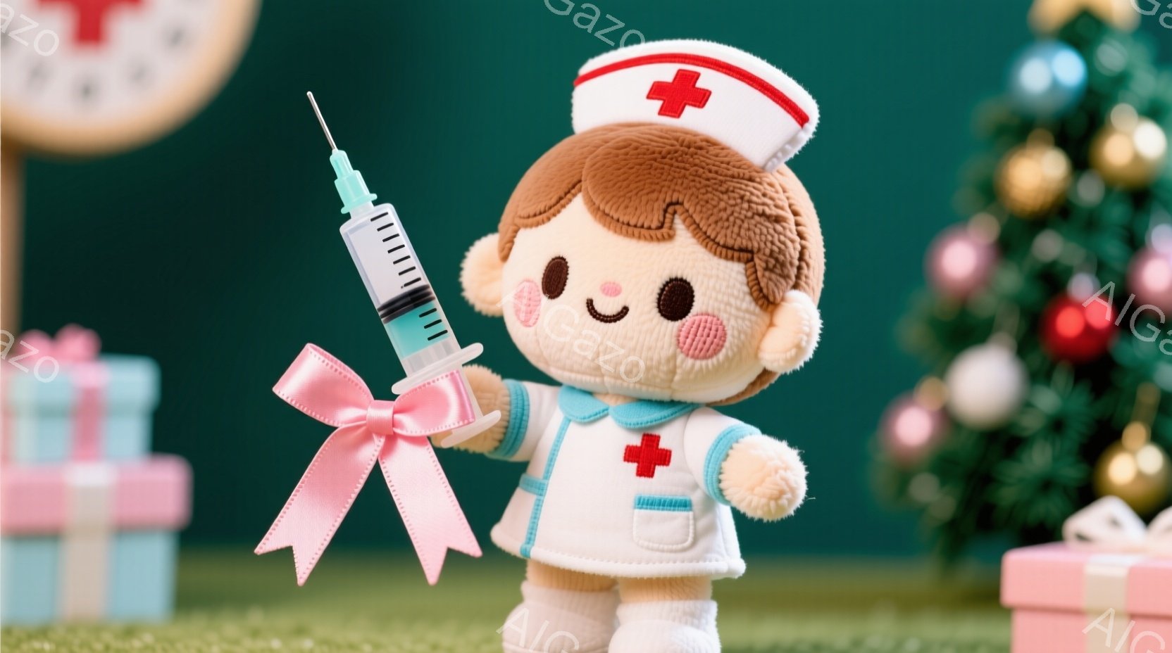ふわふわの茶色の髪をしたナースの人形が、片手に注射器を持ち、もう一方の手にはピンクのリボンを持っています。白いナース服には赤い十字が描かれており、可愛らしい表情をしています。背景にはクリスマスツリーやプレゼントが置かれ、全体的に温かく、お祝いの雰囲気です。