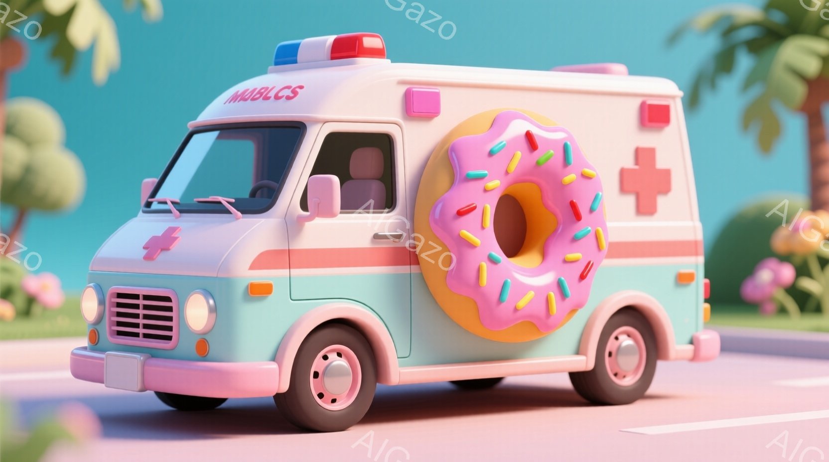 ターコイズブルーの救急車が、鮮やかなピンクのストライプと赤い十字マークをあしらって道路を走っています。車の側面に巨大なドーナツが取り付けられており、背景には緑の木々や青空が広がっています。全体的にポップで遊び心のある、明るい雰囲気が漂っています。