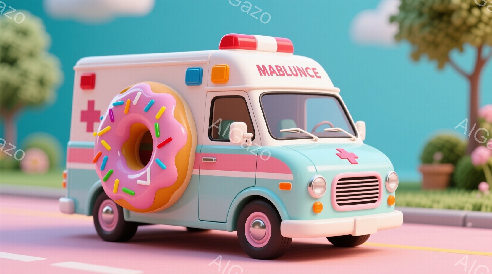 薄い水色の救急車が道路に駐車されており、側面には大きなピンク色のドーナツが取り付けられています。車体の上部には赤いラインと十字のマークがあり、全体的に明るく可愛らしい雰囲気です。背景には緑の木々と花壇が見え、空は晴れていて、暖かく穏やかな一日を思わせます。