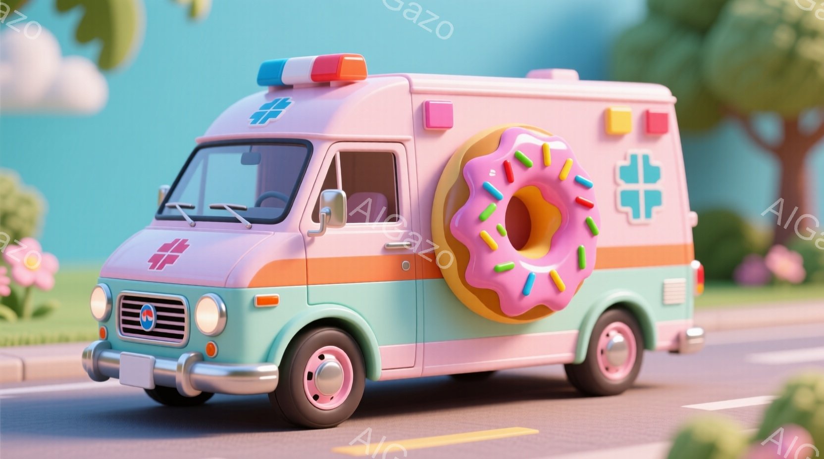 薄いミントグリーンの救急車が、ピンクとオレンジのストライプで装飾され、片方の車輪の代わりに巨大なピンク色のドーナツが付いています。背景には緑の芝生、色とりどりの花、青い空が広がっており、晴れた日の穏や - AI生成フリー素材