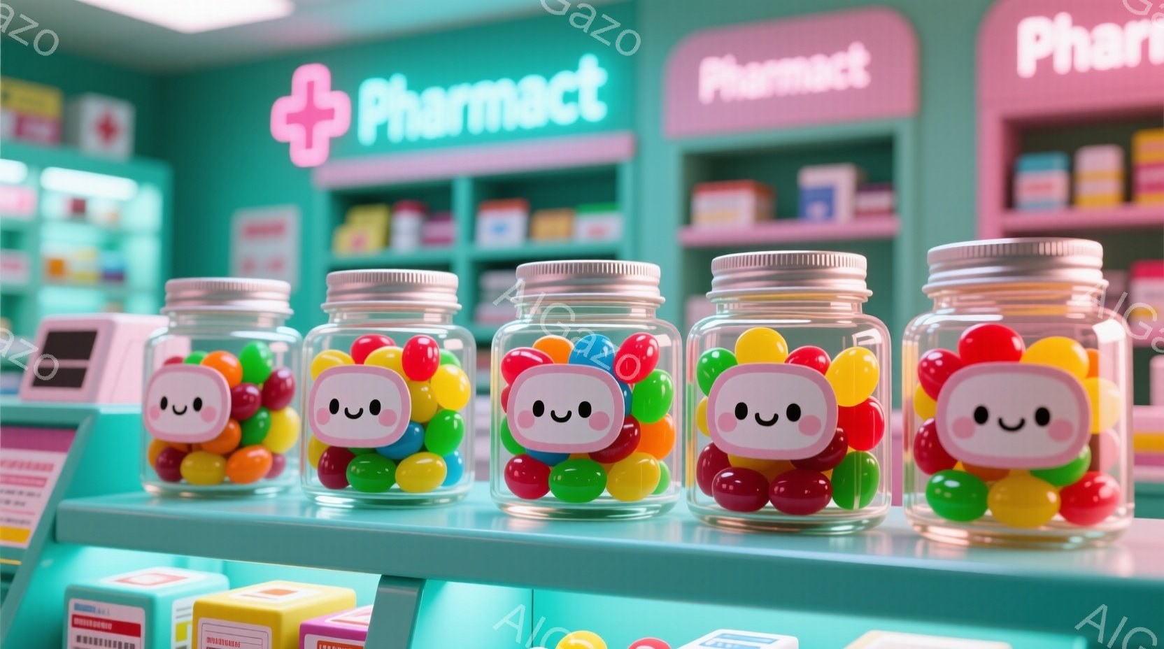 薬局の棚に並んだガラス瓶の中に、可愛らしい顔が付いたキャンディが詰まっています。キャンディはそれぞれ異なる色と表情を持ち、ピンク色の顔と大きな目、そして小さな口が特徴的です。背景には薬や商品が並び、全体的に明るくポップな雰囲気で、遊び心のある薬局のディスプレイのようです。