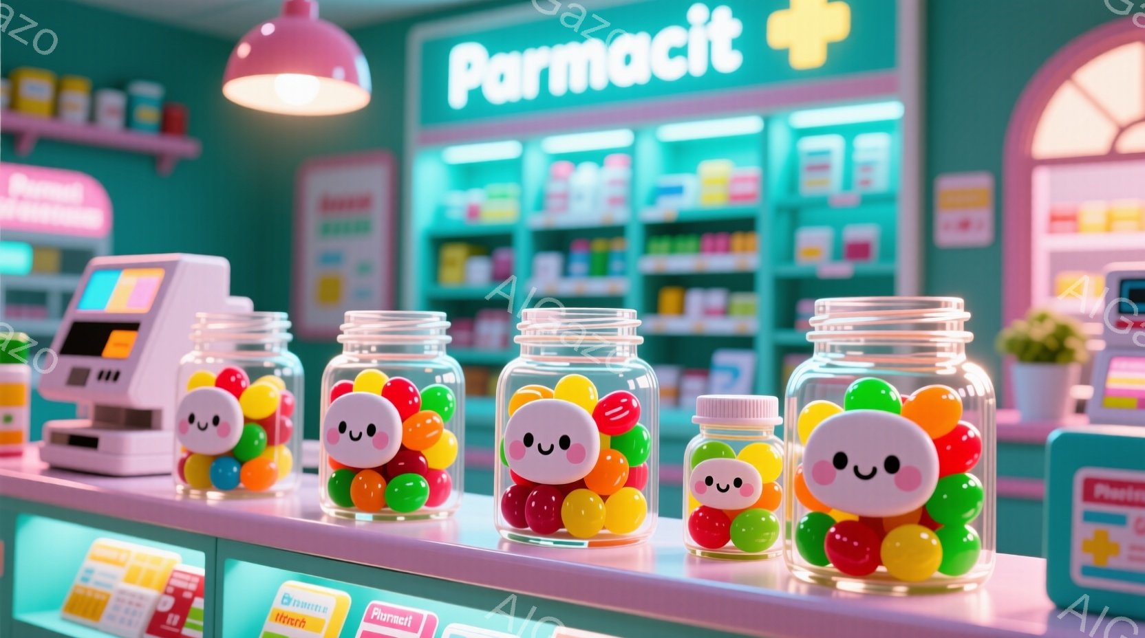 明るいピンク色の背景に、カラフルなキャンディが詰まったガラス瓶がカウンターに並べられています。背景には医薬品が並んだ棚があり、全体的にポップで可愛らしい薬局の雰囲気です。明るい照明と柔らかな色使いが、親しみやすい印象を与えています。