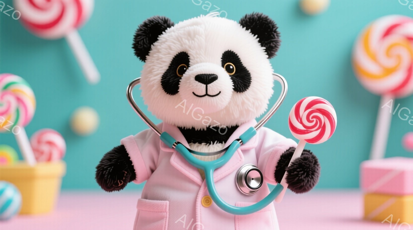 白黒のパンダのぬいぐるみが、ピンク色の医師の白衣を着て、首に水色の聴診器をかけています。右手にキャンディを持っています。背景はピンクと水色のストライプで、様々な色の大きなキャンディが配置されており、全体的に明るく楽しい雰囲気が漂っています。