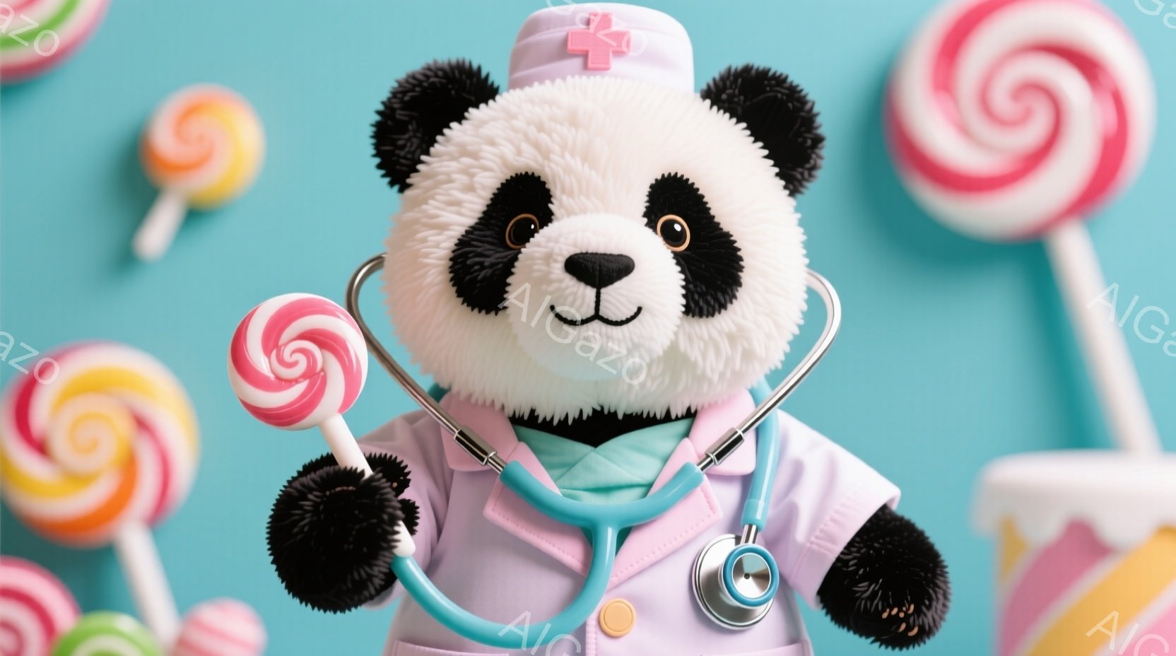白黒のパンダのぬいぐるみは、ピンク色の医師の制服を着ており、首にはターコイズ色のスカーフを巻いています。ステトスコープを首にかけており、片手に大きなキャンディを持っています。背景は水色の壁で、様々な色 - AI生成フリー素材
