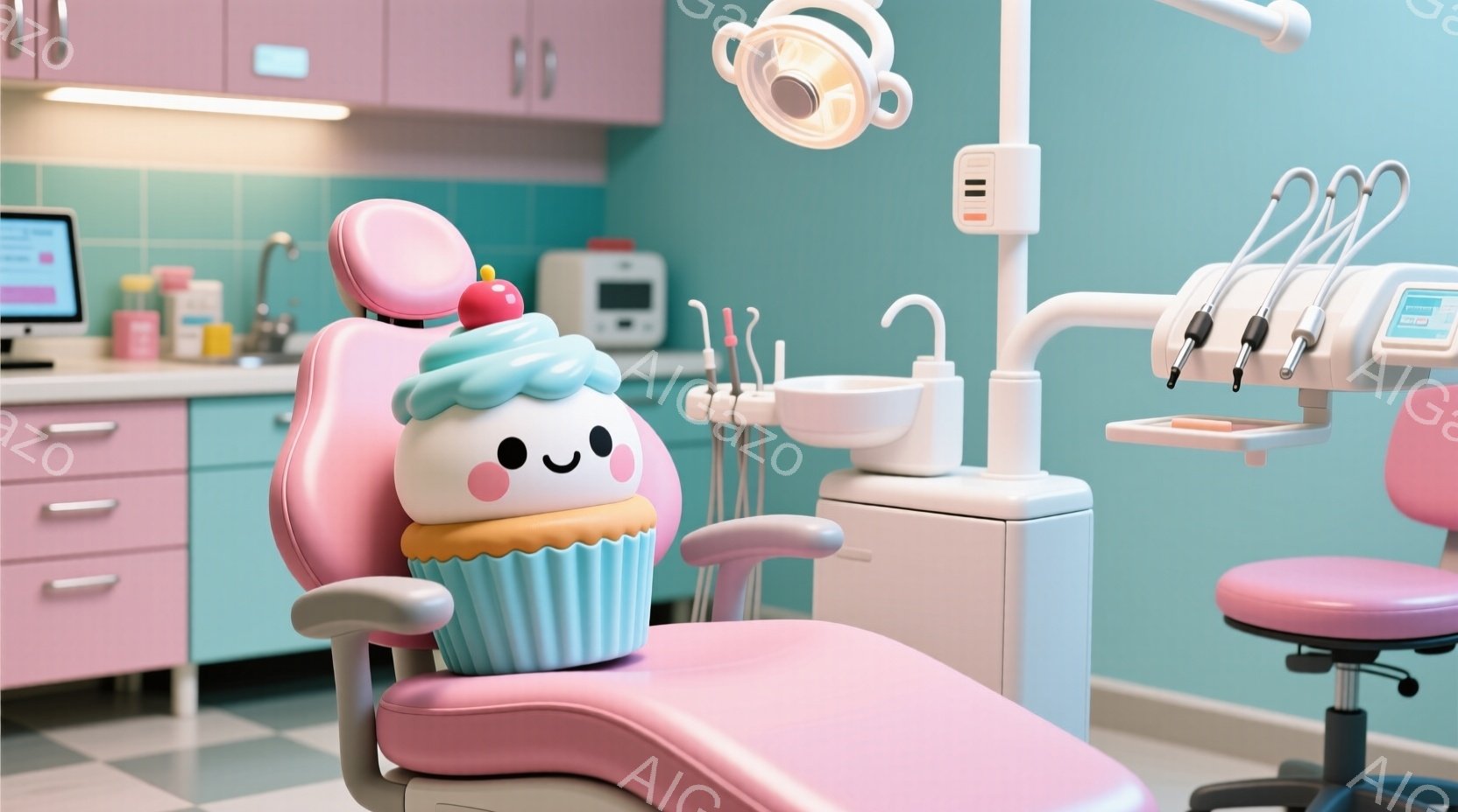 歯科医院の椅子の座席部分が巨大なカップケーキに姿を変えており、可愛らしい表情を浮かべている。背景にはピンク色のキャビネットや歯科用機器が見え、清潔感があり親しみやすい雰囲気を作り出している。全体的にパステルカラーで統一されており、子供向けの歯科医院であることが想像できる。
