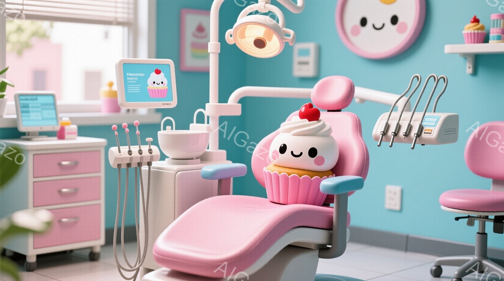 明るい水色の壁に囲まれた歯科医院の椅子が中央にあります。椅子はピンク色のクリームのようなデザインで、可愛らしい表情をしています。背景には、医療機器や棚があり、明るく清潔な雰囲気です。 - AI生成フリー素材