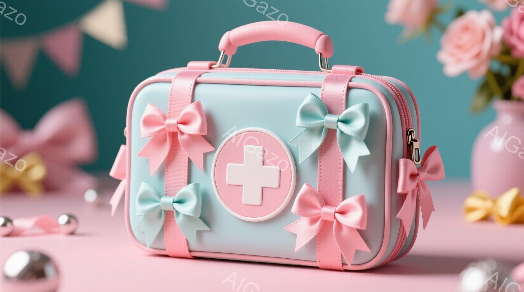 薄い水色の救急箱が、ピンクのリボンで飾られています。箱の中央には、ピンク色の背景に白い十字のマークが入っています。背景には、ピンク色のポンポンと花が配置され、全体的にかわいらしい雰囲気です。