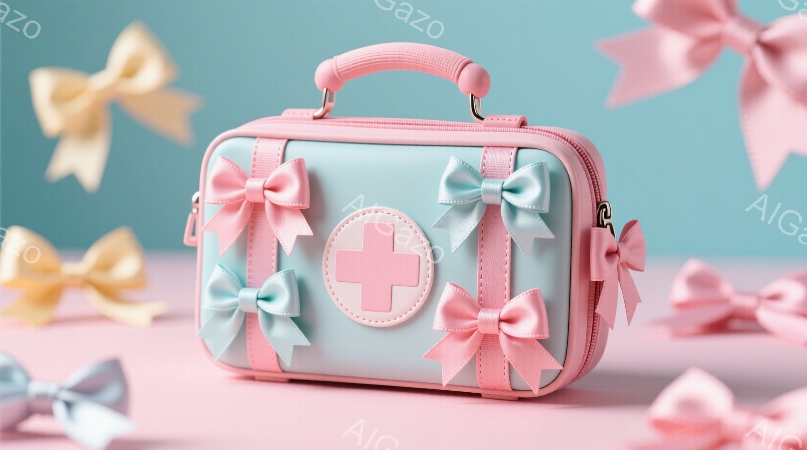 淡い水色の救急箱が、ピンク色の背景に配置され、周囲には黄色とピンクのリボンが散りばめられています。救急箱は可愛らしいデザインで、正面には白い十字のマークが描かれており、持ち手とリボンがアクセントになっています。全体的にパステルカラーで統一され、柔らかく、夢のような雰囲気を醸し出しています。