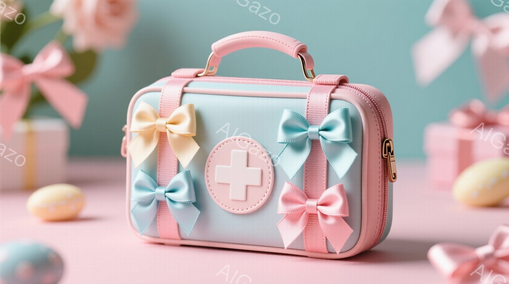 淡い水色の救急箱が、ピンク色の背景に置かれています。箱にはピンク、水色、黄色のリボンが飾られ、正面には赤い十字のマークが入った円形のタグがついています。背景には、パステルカラーの卵とバラの装飾が見え、 - AI生成フリー素材
