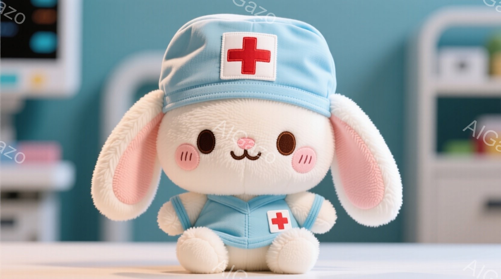 ふわふわの白いウサギのぬいぐるみで、水色の医療用キャップとベストを着ています。キャップとベストには赤い十字が描かれており、可愛らしい表情をしています。背景には医療機器が見え、病院のような清潔感のある空間が広がっています。
