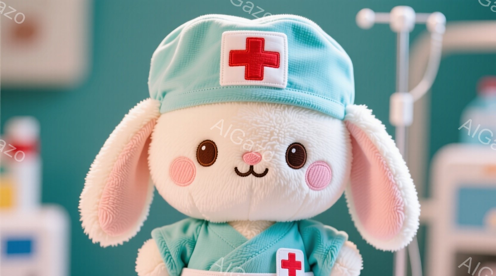 白いふわふわのウサギのぬいぐるみは、ターコイズブルーの医療用ガウンと帽子を身に着けています。ピンクの頬と愛らしい笑顔が特徴で、大きな茶色の瞳が印象的です。背景には医療機器が見え、病院やクリニックの一室のような雰囲気です。