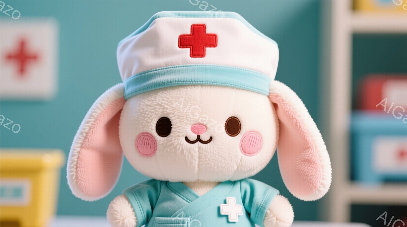 白くてふわふわしたウサギのぬいぐるみは、看護師の制服と帽子を身につけています。ピンク色の内耳と、つぶらな瞳、優しい笑顔が特徴です。背景には医療用具が並んだ棚があり、明るく清潔な雰囲気が漂っています。 - AI生成フリー素材