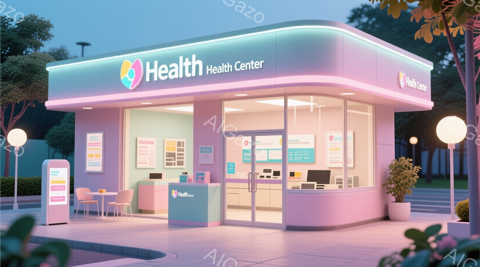 明るいピンクと白を基調とした、モダンな外観の医療施設です。受付カウンター、待合の椅子、案内板などが配置され、清潔感と親しみやすさを感じさせます。背景には緑豊かな木々があり、穏やかで安心できる雰囲気を醸し出しています。