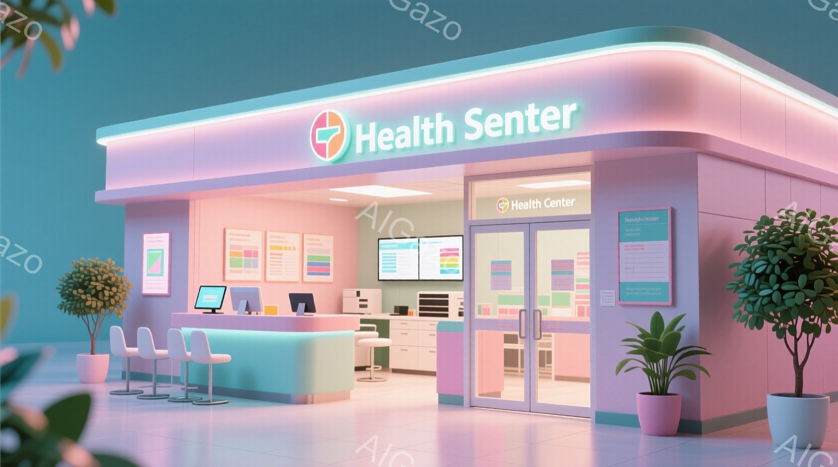 明るいピンクと水色の受付カウンターが印象的な、清潔感のある医療施設の内部です。カウンターにはコンピューターやモニターが設置され、待合スペースには紫色の椅子が並んでいます。背景には観葉植物が置かれ、壁には案内板が設置されており、全体的に穏やかで安心感のある雰囲気です。