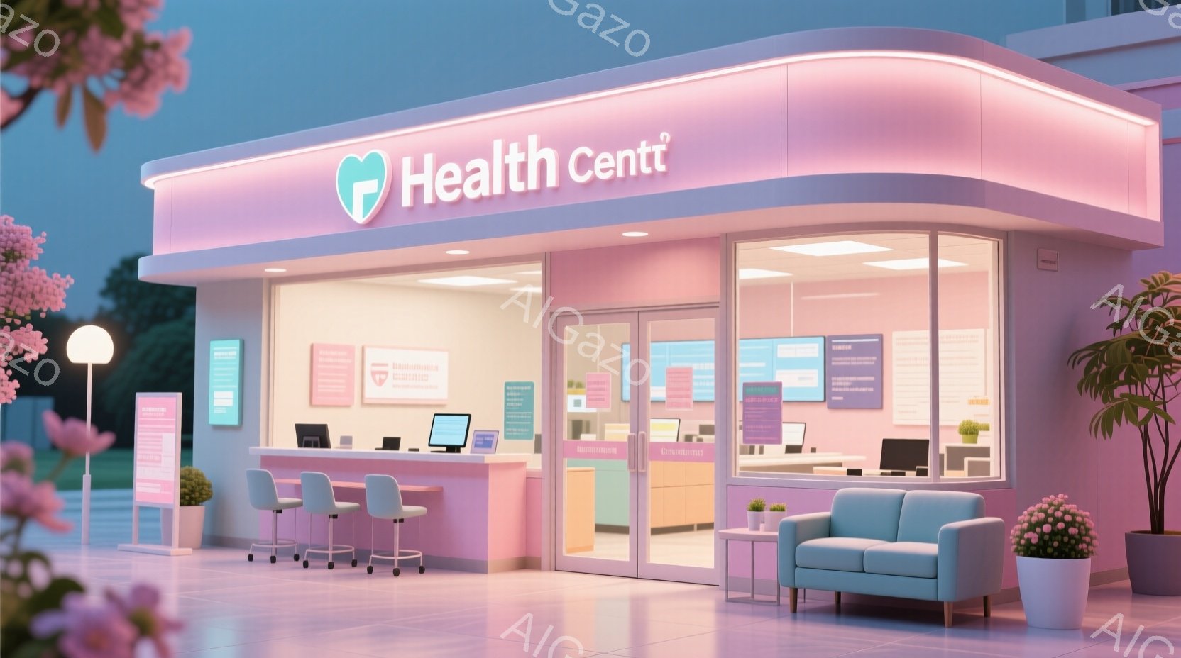 医療機関の受付カウンターが写っており、淡いピンクと白を基調とした清潔感のある内装です。背景には緑豊かな植物が見え、受付カウンターにはパソコンや書類が置かれており、待合スペースには明るい青いソファーが配 - AI生成フリー素材