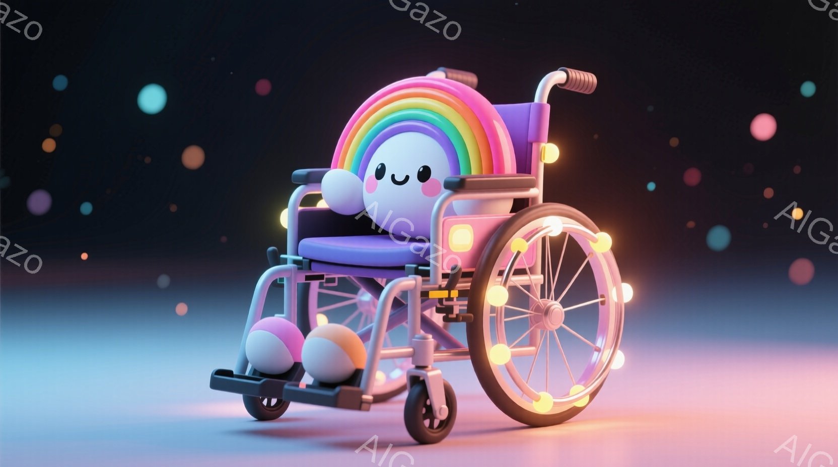 鮮やかな色彩の車椅子に、丸い白い姿が座っています。その姿は、顔に可愛らしい表情を持ち、まるで生きているかのように見えます。背景は淡いグラデーションで、小さな光の粒子が舞い、ファンタジーのような夢幻的な雰囲気を醸し出しています。
