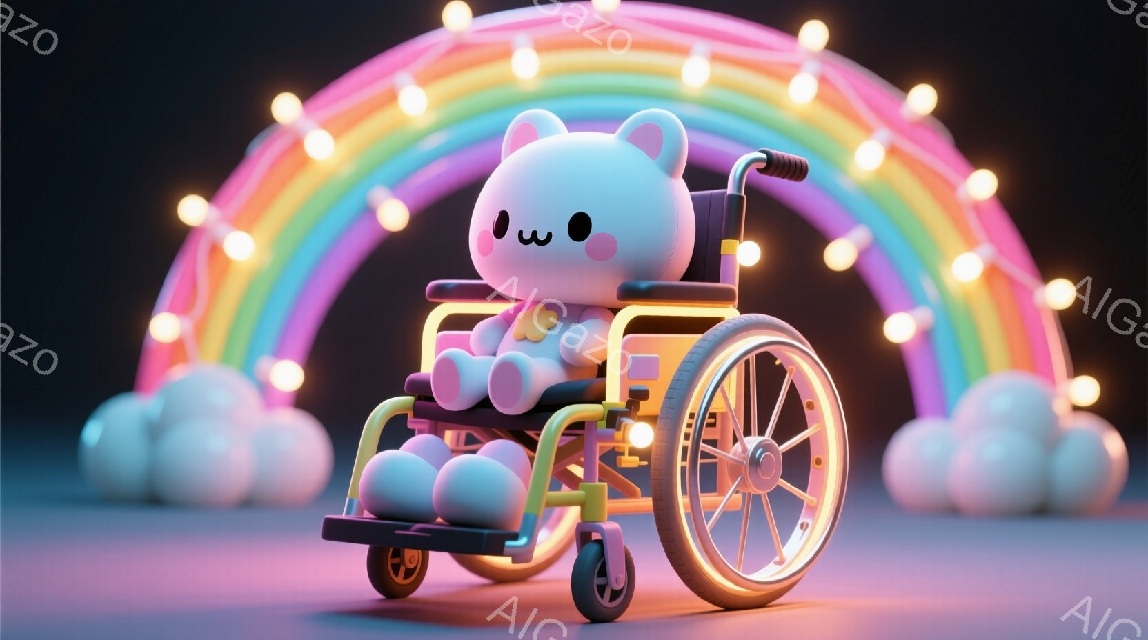 白くてふわふわしたクマのキャラクターが、虹色のライトで飾られた車椅子に座っています。クマは丸い耳と、つぶらな黒い目、そしてわずかに微笑んだ口を持っています。背景には、白くてふわふわした雲がいくつか浮か - AI生成フリー素材