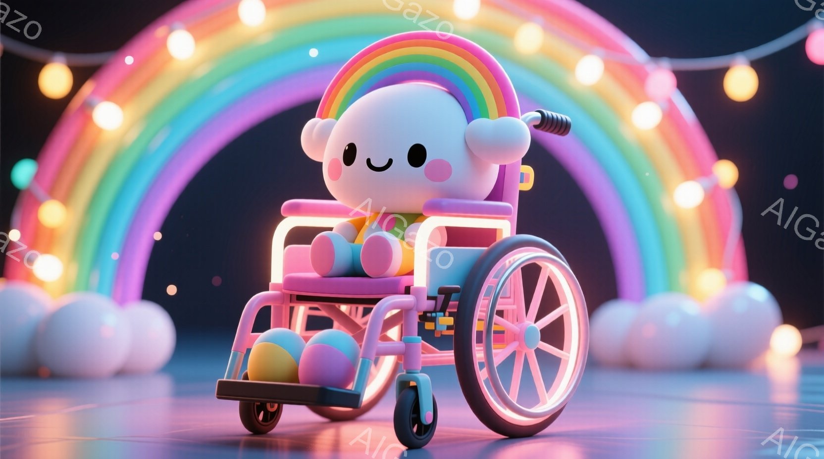 丸くて白いキャラクターがピンク色の車椅子に乗って正面を向いています。キャラクターは大きなつぶらな瞳と小さな口を持ち、愛らしい表情をしています。背景には虹色の光のアーチとふわふわの雲があり、全体的に明るく、夢のような雰囲気です。