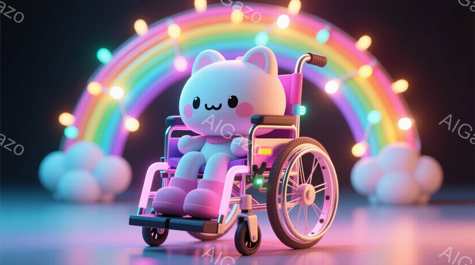 ピンク色のふわふわしたウサギのキャラクターが車椅子に乗っている様子を描いています。ウサギは大きな目と微笑みを浮かべ、紫色のブーツを履いています。背景には、パステルカラーの雲と、カラフルな電球でできたアーチがあり、全体的に柔らかく温かい雰囲気です。