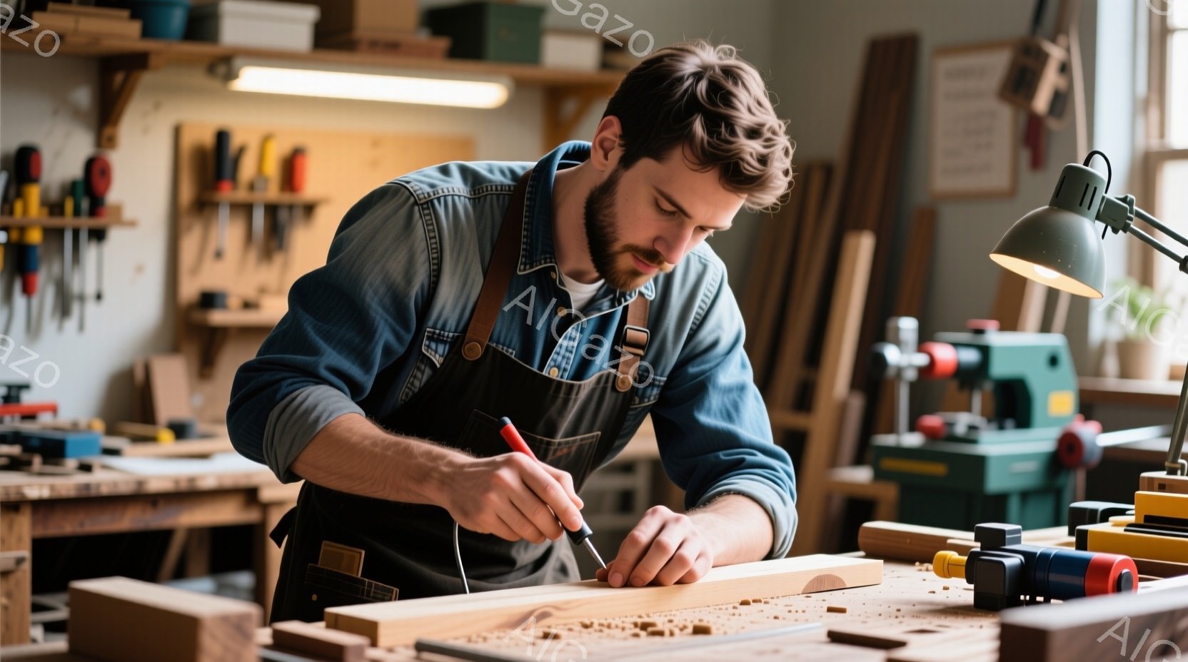 顎髭を生やした男性が作業台で木材に彫刻刀を使って細工をしている。彼はデニムシャツに黒いエプロンを着用し、集中した表情で作業に没頭している。背景には工具が整理された壁や木材、作業台上の工具などが確認でき、薄暗く落ち着いた作業場の雰囲気が伝わってくる。